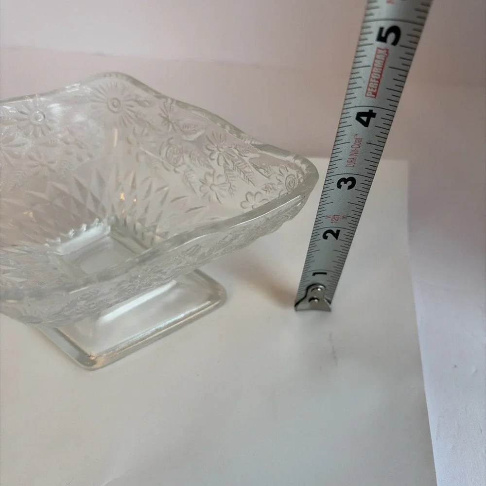 Vintage Indiana Glass Diamond Shape Clear Glass Floral Footed‎ Candy Dish Bowl